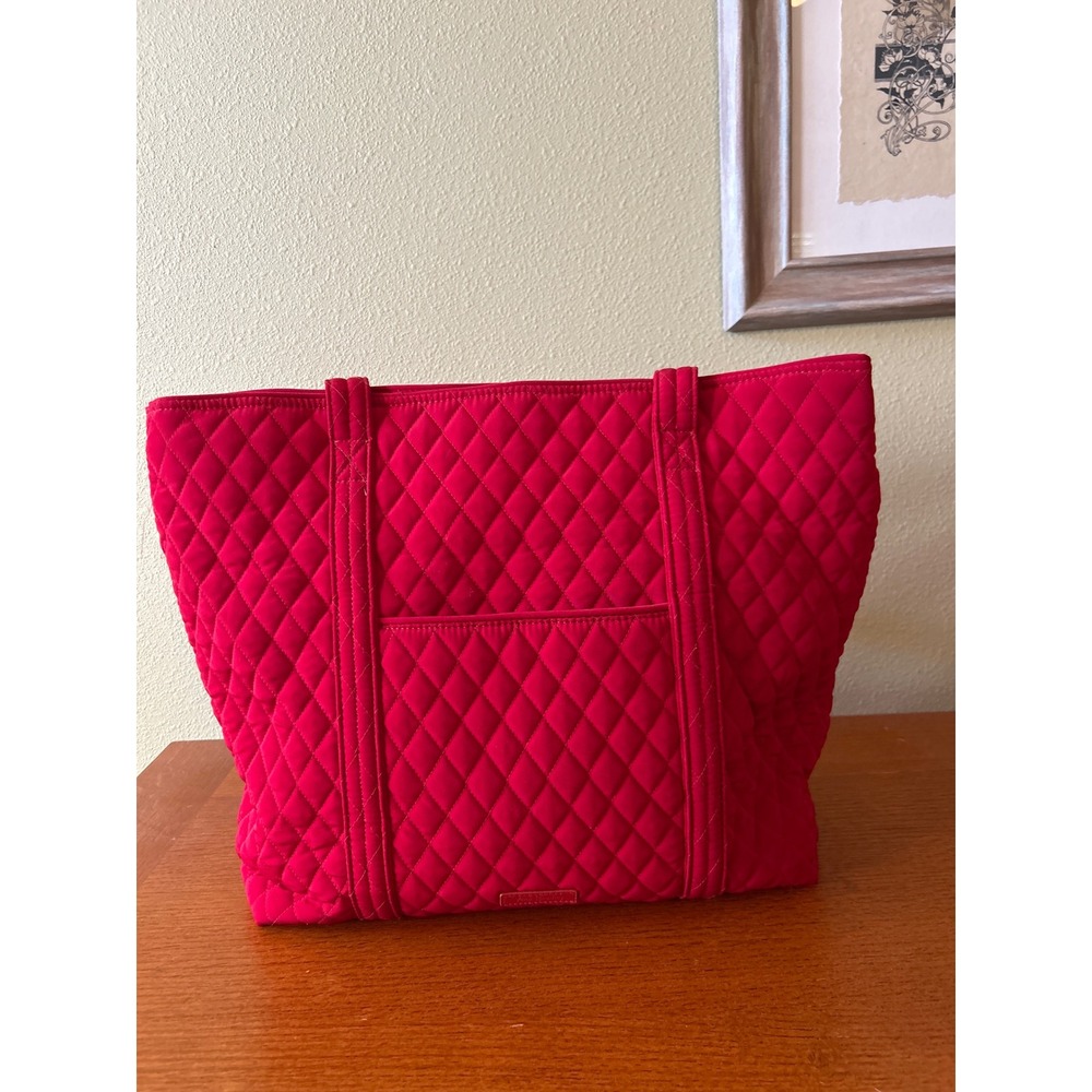 Vera Bradley Red Quilted Microfiber Tote Bag Floral Lining Shoulder Bag